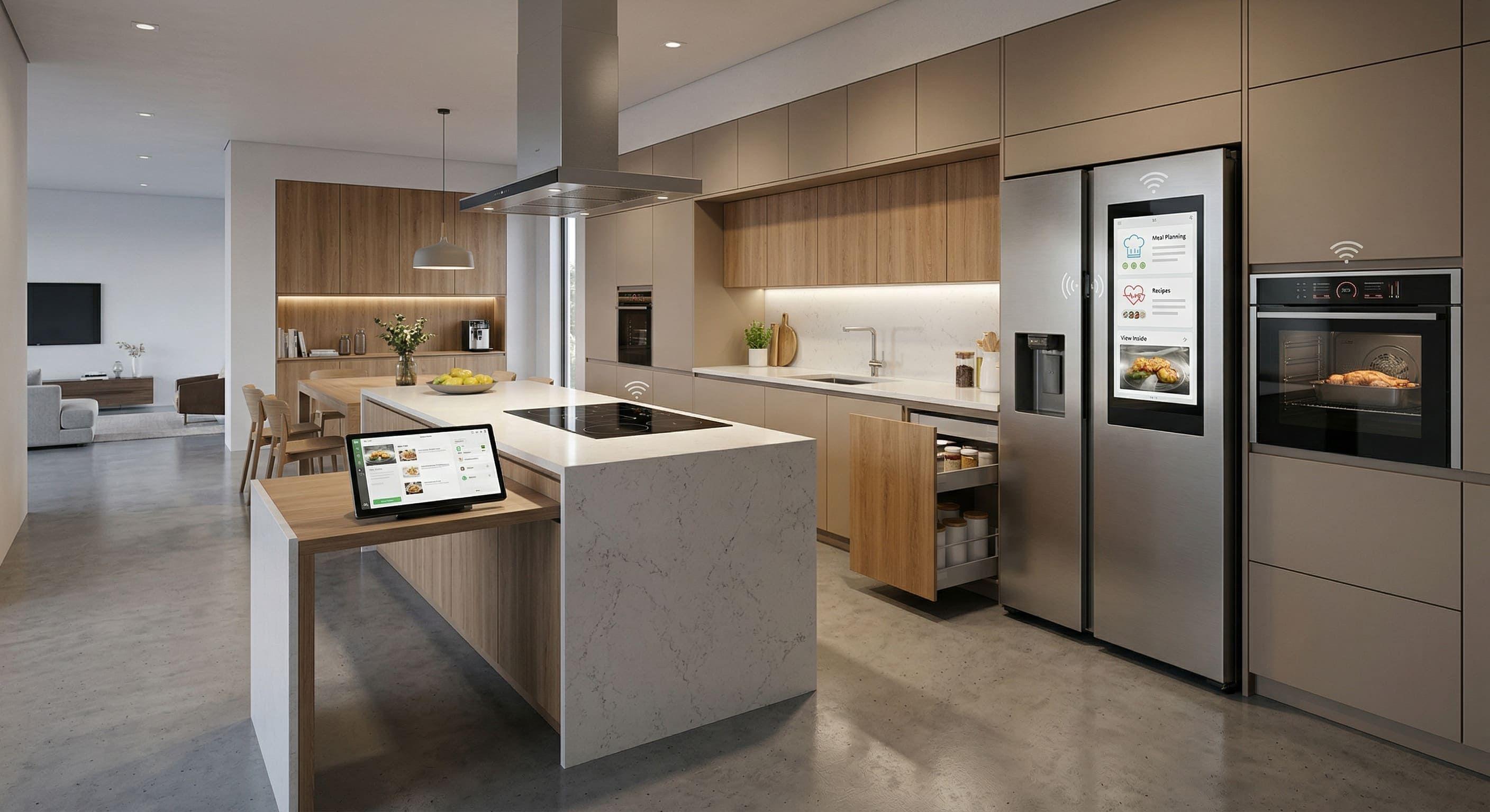 Moderne Küche mit Kochinsel aus Marmor, integriertem Kochfeld, vernetztem Kühlschrank mit Display, Backofen und Tablet auf der Arbeitsfläche.